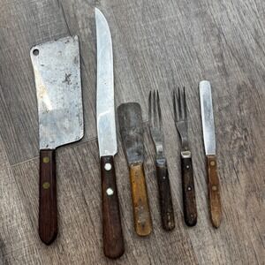 Vintage Wood‎ Handle Kitchen Knife Set Cleaver Slicer Forks Quikut Flint 6pc